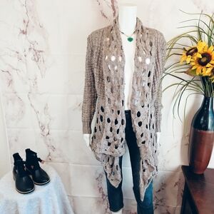 Kessley Beautiful Crochet Knit Wool Blend Open Front Beige Cardigan